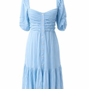 Elf Handmade Blue Cottagecore Midi Dress Smocked Puff Sleeve Button Front XL NWT